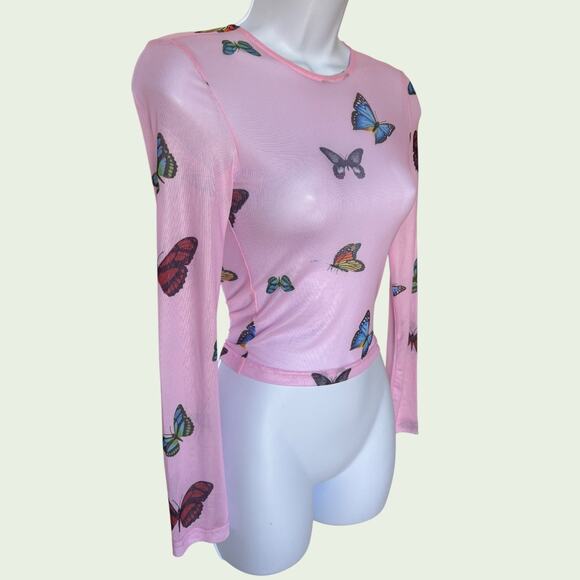 Superdown NWT "Ari" Pink Butterflies Sheer Mesh Long Sleeve T Shirt size XS - Picture 4 of 9